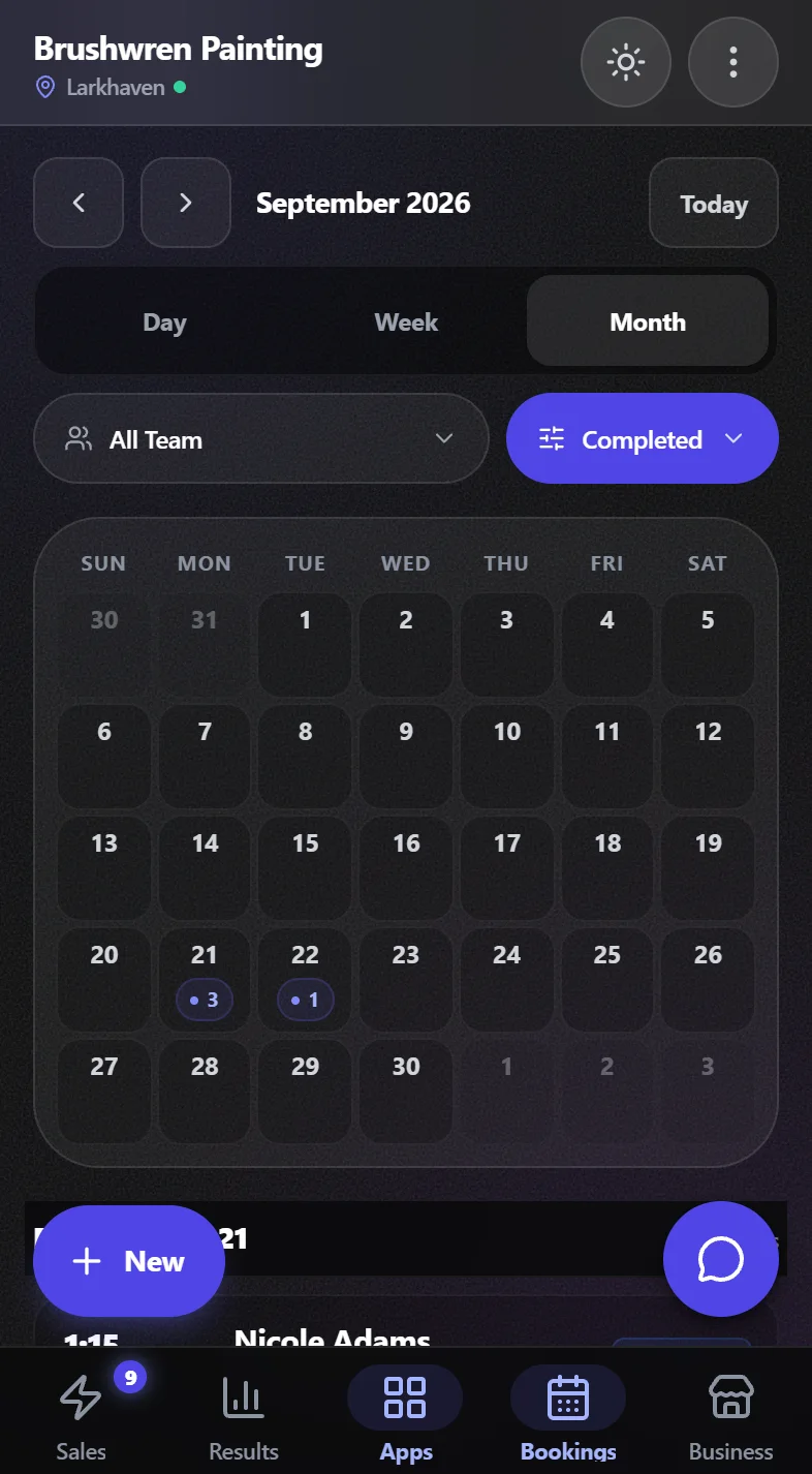 The month in the booking calendar, every day with its jobs