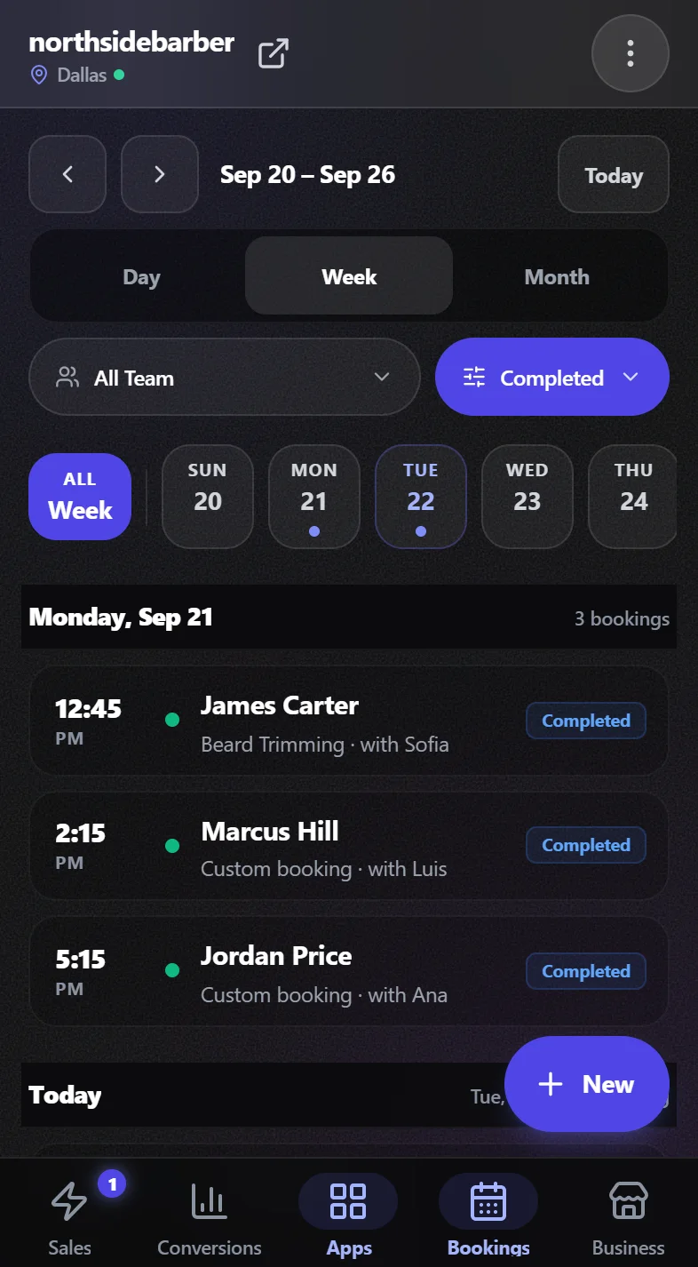 The week in the booking calendar