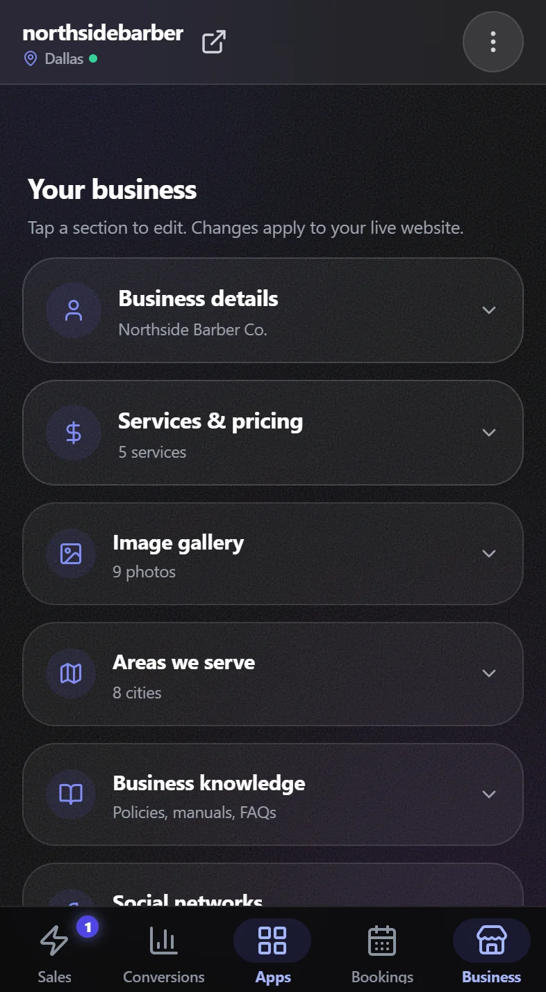 Business details, services and service areas