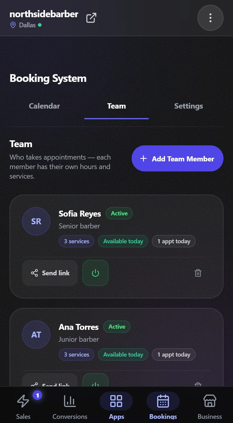 Each team member with services, hours and today’s appointments